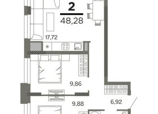 2-комнатная квартира на продажу, 48.3 м2, Рязань, ЖК Северный