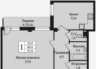 1-комнатная квартира на продажу, 48.6 м2, Всеволожск