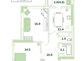 Продается 2-комнатная квартира, 60.7 м2, село Мирное