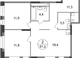 Продается двухкомнатная квартира, 61.3 м2, Московский