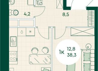 Продается 1-ком. квартира, 38.3 м2, посёлок городского типа Яблоновский