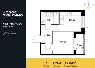 Продаю 1-комнатную квартиру, 34.9 м2, Пушкино, микрорайон Новое Пушкино, к27