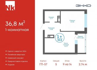 Продам 1-комнатную квартиру, 36.8 м2, деревня Патрушева, ЖК Никольский