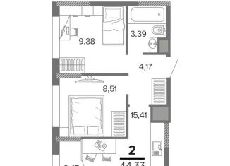 Продажа двухкомнатной квартиры, 44.3 м2, Рязань