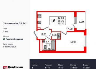 Продам 1-комнатную квартиру, 38.3 м2, посёлок Стрельна