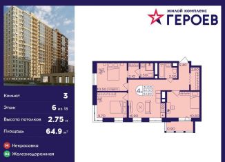 Продается трехкомнатная квартира, 64.9 м2, Московская область