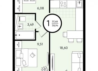 Продается 1-комнатная квартира, 38.9 м2, Тюмень, Калининский округ, ​улица Александра Звягина, 3