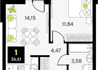 Однокомнатная квартира на продажу, 36.6 м2, Тюмень, улица Первооткрывателей, 15, Калининский округ