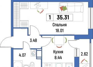 Продам 1-комнатную квартиру, 35.3 м2, Мурино, ЖК Урбанист