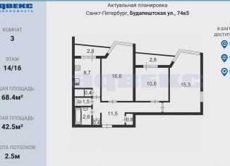 3-комнатная квартира на продажу, 68.4 м2, Санкт-Петербург, метро Купчино, Будапештская улица, 74к5