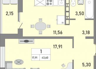 1-комнатная квартира на продажу, 43.6 м2, Оренбург, площадь Ленина