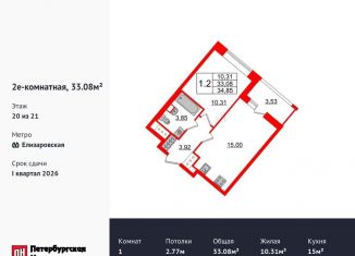 Продается 1-комнатная квартира, 33.1 м2, Санкт-Петербург, метро Улица Дыбенко