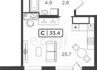 1-комнатная квартира на продажу, 33.5 м2, Тюменская область, улица Мельникайте, 2к17