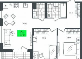 2-ком. квартира на продажу, 63.2 м2, деревня Дударева, ЖК Андерсен Парк, улица Сергея Джанбровского, 2