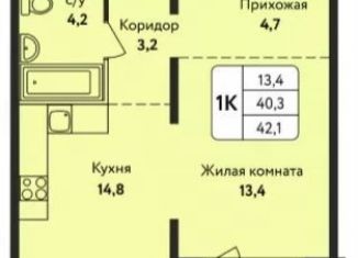 1-комнатная квартира на продажу, 42 м2, Барнаул, улица Солнечная Поляна, 75