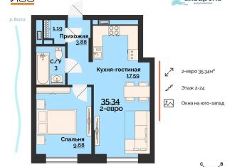 2-ком. квартира на продажу, 35.3 м2, Ульяновск, жилой комплекс Акварель, 4