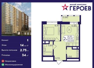 Продам 1-комнатную квартиру, 34 м2, Балашиха, ЖК Героев, микрорайон Центр-2, к408