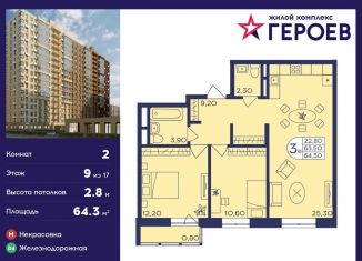 Продам 2-ком. квартиру, 64.3 м2, Балашиха, ЖК Героев