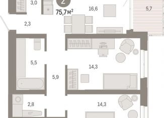 Продам двухкомнатную квартиру, 75.7 м2, Екатеринбург, метро Площадь 1905 года, площадь 1905 года