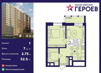 Продам 1-комнатную квартиру, 32.5 м2, Балашиха, микрорайон Центр-2, к408, ЖК Героев