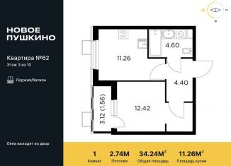 Продаю однокомнатную квартиру, 34.2 м2, Пушкино, микрорайон Новое Пушкино, к28