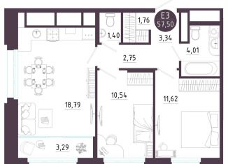 Продаю двухкомнатную квартиру, 57.5 м2, Рязанская область