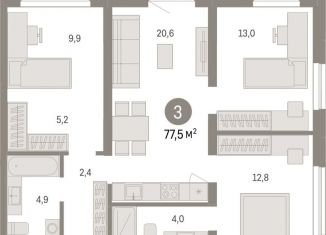 Продается 3-комнатная квартира, 77.5 м2, Новосибирская область, улица Аэропорт, 88