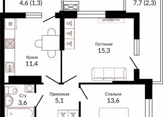 Двухкомнатная квартира на продажу, 53.8 м2, Краснодар, Конгрессная улица, 43