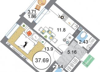 Продам 1-комнатную квартиру, 37.7 м2, Санкт-Петербург, ЖК Модум