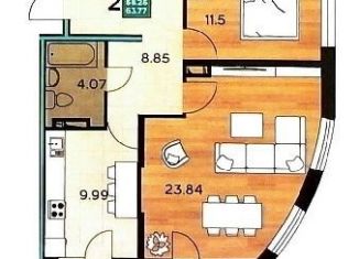 Продается двухкомнатная квартира, 63.8 м2, Краснодарский край