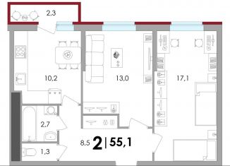 Продается 2-ком. квартира, 55.1 м2, Тверь, ЖК Южный