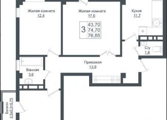 3-комнатная квартира на продажу, 76.9 м2, Краснодар, Венецианская улица, 2, ЖК Европа-Сити