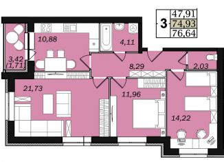 Продается трехкомнатная квартира, 74.9 м2, Ульяновск, жилой комплекс ЭкоСити, 9, ЖК ЭкоСити