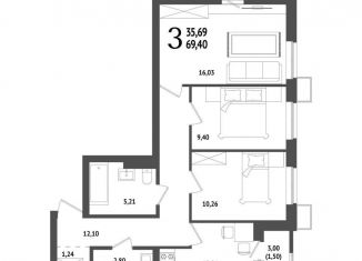 Продаю 3-ком. квартиру, 69.3 м2, Уфа, Октябрьский район