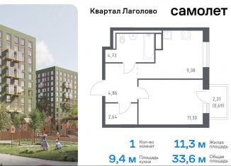 Продам однокомнатную квартиру, 33.6 м2, Ленинградская область, жилой комплекс Квартал Лаголово, 1