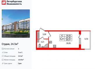 Продаю квартиру студию, 24.3 м2, Санкт-Петербург, Пулковское шоссе, 99к6, муниципальный округ Пулковский Меридиан