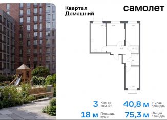 3-комнатная квартира на продажу, 75.3 м2, Москва, жилой комплекс Квартал Домашний, 2, метро Кантемировская