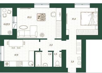 Продается двухкомнатная квартира, 55.9 м2, Самарская область