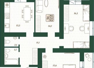 Продам трехкомнатную квартиру, 76.3 м2, Самарская область