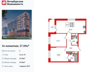 2-комнатная квартира на продажу, 57.9 м2, деревня Новосаратовка