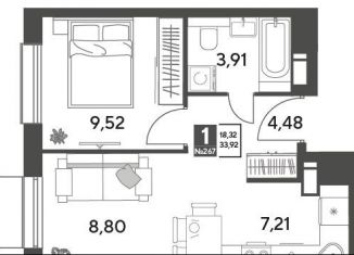 Продается однокомнатная квартира, 33.9 м2, Пушкино