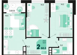 Продается 2-комнатная квартира, 60.8 м2, Краснодар, улица Виктора Казанцева, 1.3лит1