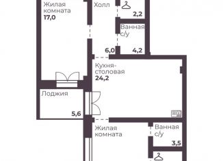 Продаю двухкомнатную квартиру, 74.1 м2, Челябинск, Тракторозаводский район