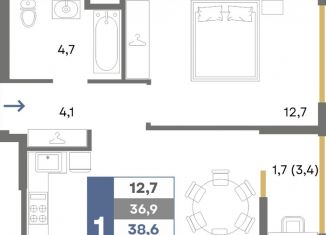 Однокомнатная квартира на продажу, 38.6 м2, Крым