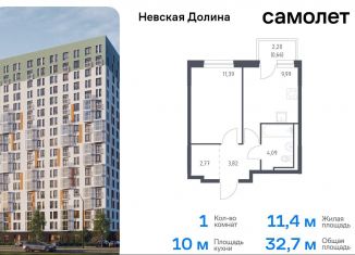 Продажа однокомнатной квартиры, 32.7 м2, деревня Новосаратовка, Невская Долина, 1.3