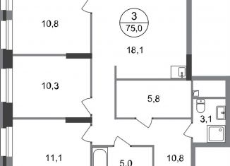 Продается трехкомнатная квартира, 75 м2, Московский