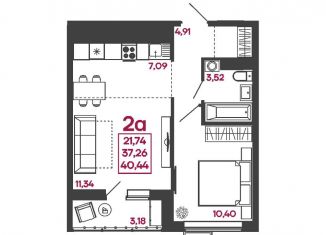 Двухкомнатная квартира на продажу, 40.4 м2, Пенза, улица Измайлова, 41В