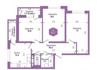 Продается 3-комнатная квартира, 76.1 м2, Краснодар, улица Героя Владислава Посадского, 14/1, ЖК Бауинвест