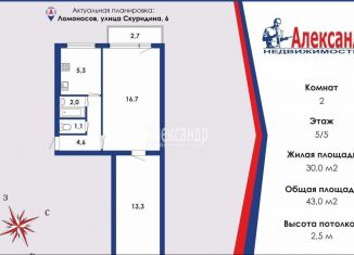 2-комнатная квартира на продажу, 43 м2, Санкт-Петербург, улица Скуридина, 6