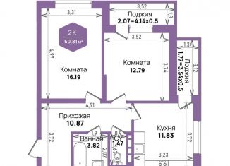 Продается 2-комнатная квартира, 60.8 м2, Краснодар, Константиновская улица, 5лит6, микрорайон Плодородный-2